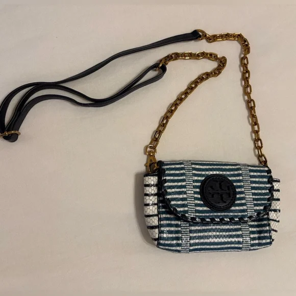 Tory Burch Navy and White Striped Crossbody Bag - Picture 2 of 9
